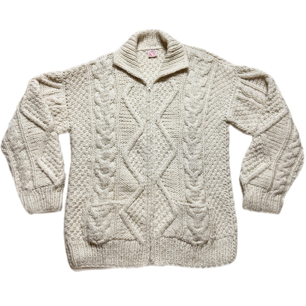 VTG Fisherman Ivory Wool Chunky Cable Knit Zipper Cardigan Sweater M Cabin Core